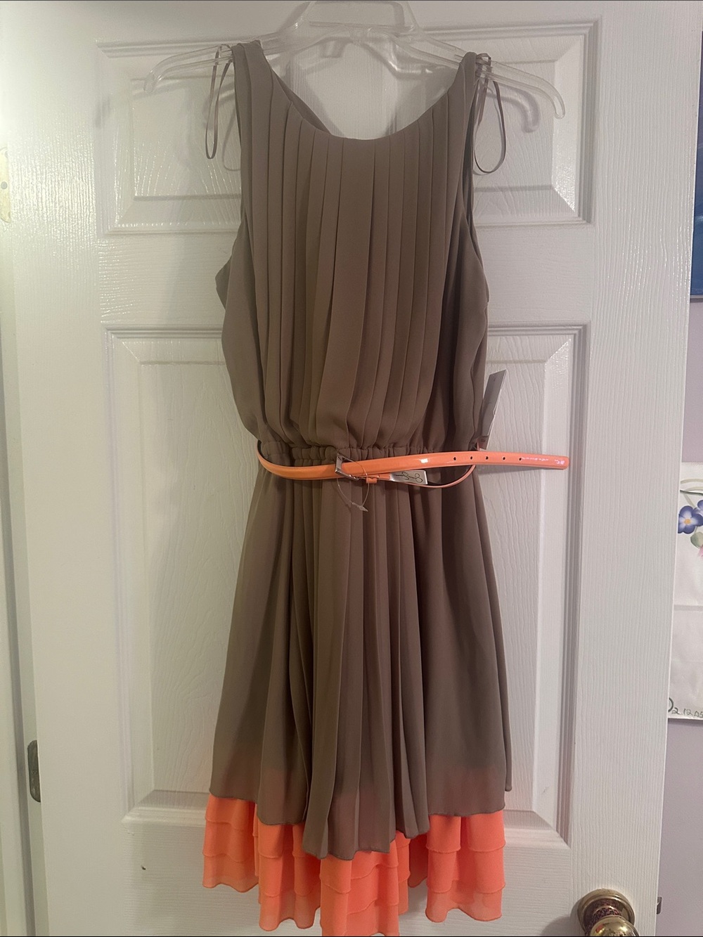 Jessica Simpson Taupe Dress with Coral Trim and Belt